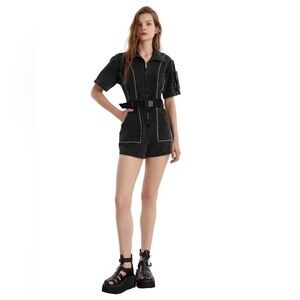 Urbanic Pocket Denim Jumpsuit With Refelctive Binding - Black